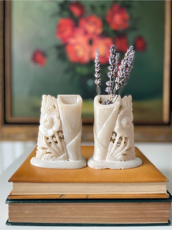 Vintage Other - Vintage Chinese Hand-Carved White Soapstone Bud Vases - Mirrored Pair